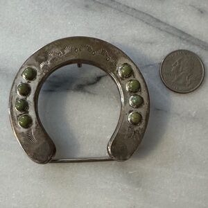 Horseshoe Sterling Silver Belt Buckle with Green Turquoise Accents
